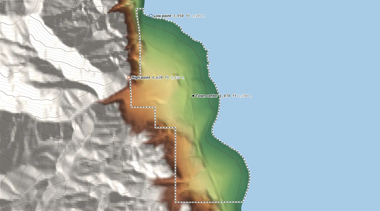 Topographic elevation map of Walker Lake, Nevada, shaded from 3,950 ft on the northwest side to 4,620 ft at the foot of the Wassuk Range
