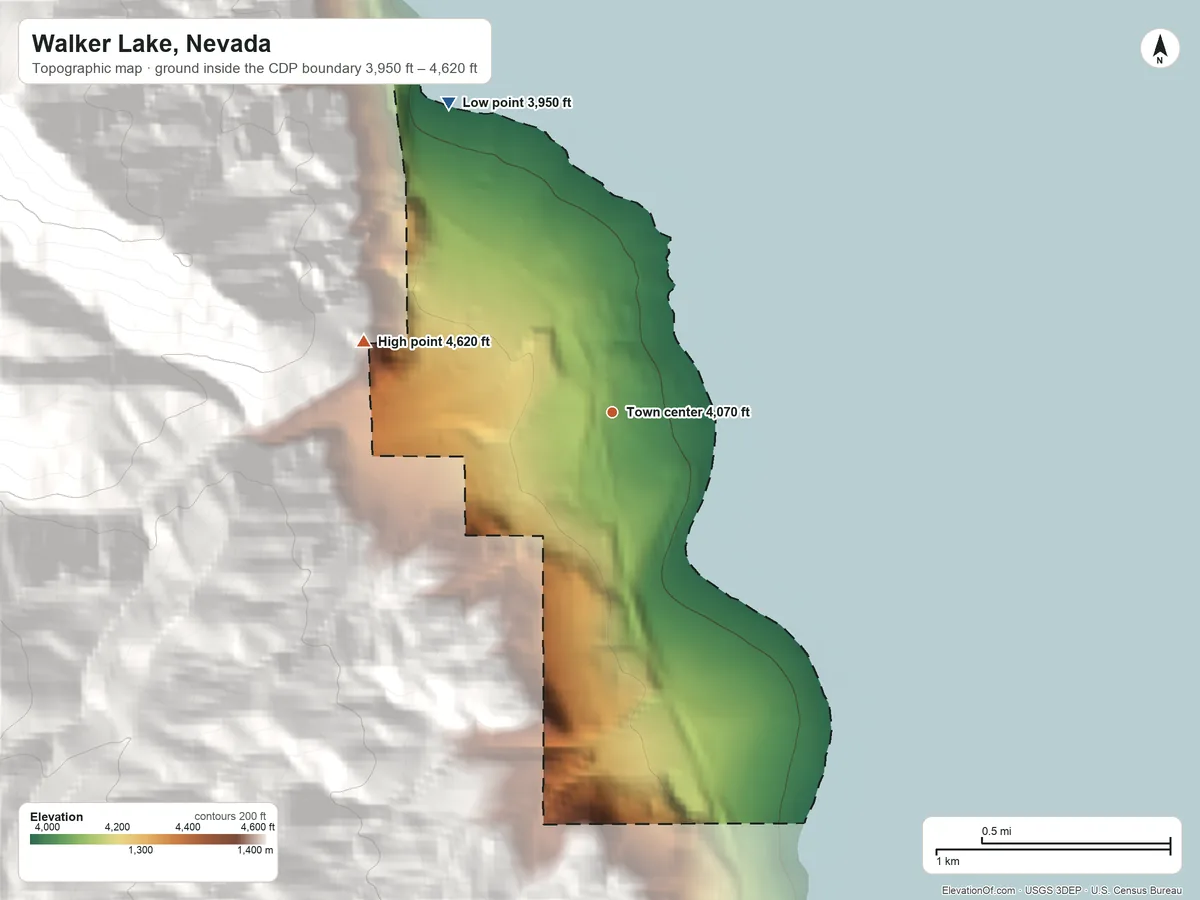 Topographic elevation map of Walker Lake, Nevada, shaded from 3,950 ft on the northwest side to 4,620 ft at the foot of the Wassuk Range