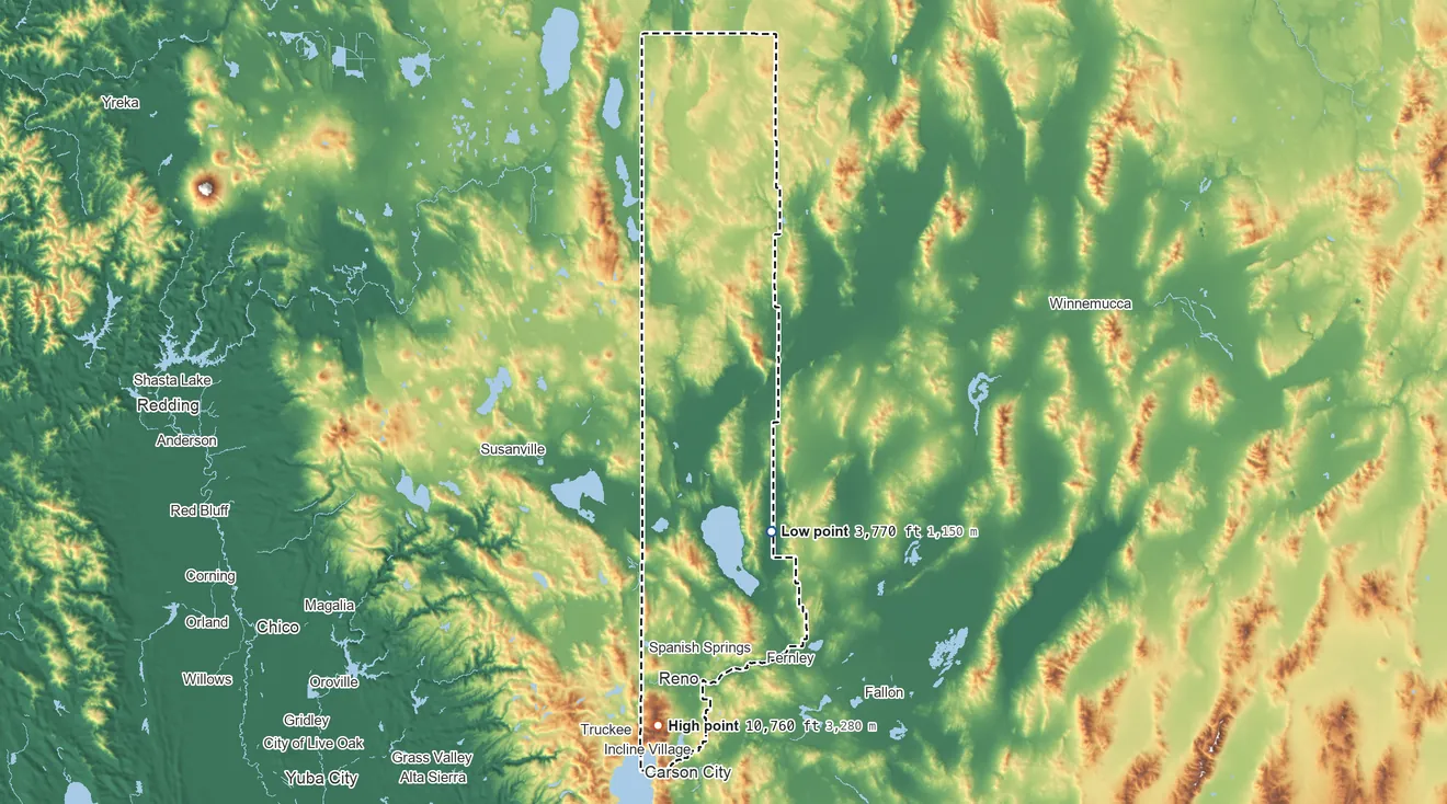 Topographic elevation map of Washoe County, Nevada, shaded from 3,770 ft on the south side to 10,760 ft on Mount Rose