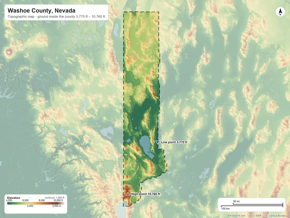 Topographic elevation map of Washoe County, Nevada, shaded from 3,770 ft on the south side to 10,760 ft on Mount Rose