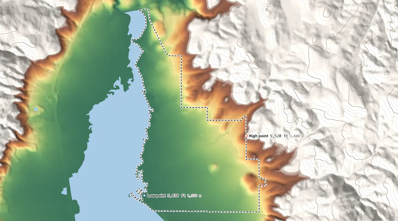 Topographic elevation map of Washoe Valley, Nevada, shaded from 5,030 ft on the southwest side to 5,520 ft at the foot of the Virginia Range