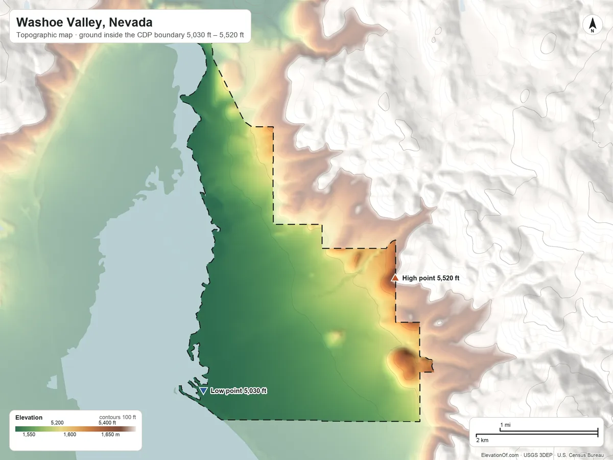 Topographic elevation map of Washoe Valley, Nevada, shaded from 5,030 ft on the southwest side to 5,520 ft at the foot of the Virginia Range