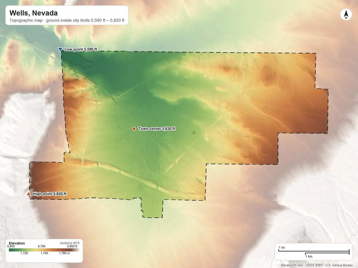 Topographic elevation map of Wells, Nevada, shaded from 5,590 ft on the northwest side to 5,820 ft at the foot of the Wood Hills