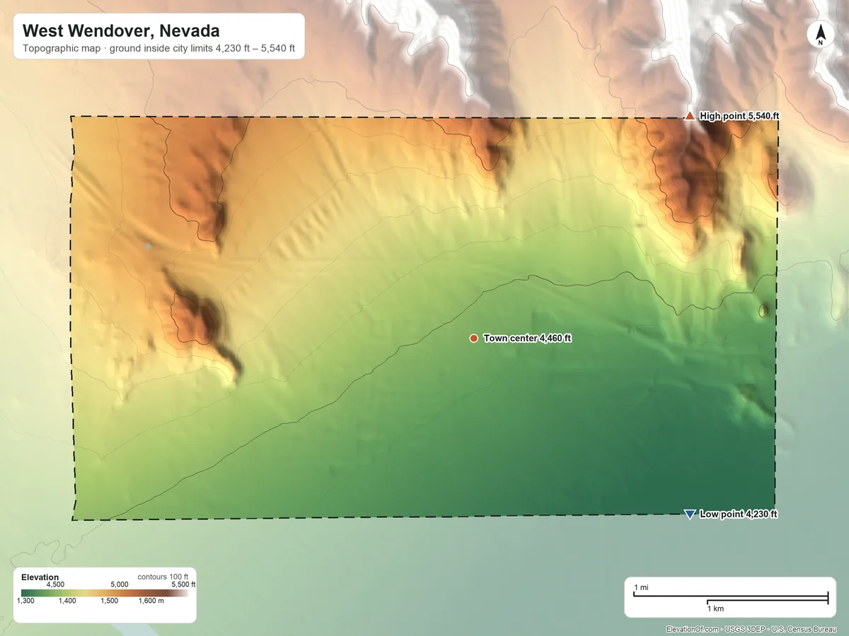 Topographic elevation map of West Wendover, Nevada, shaded from 4,230 ft on the southeast side to 5,540 ft at the foot of the Leppy Hills