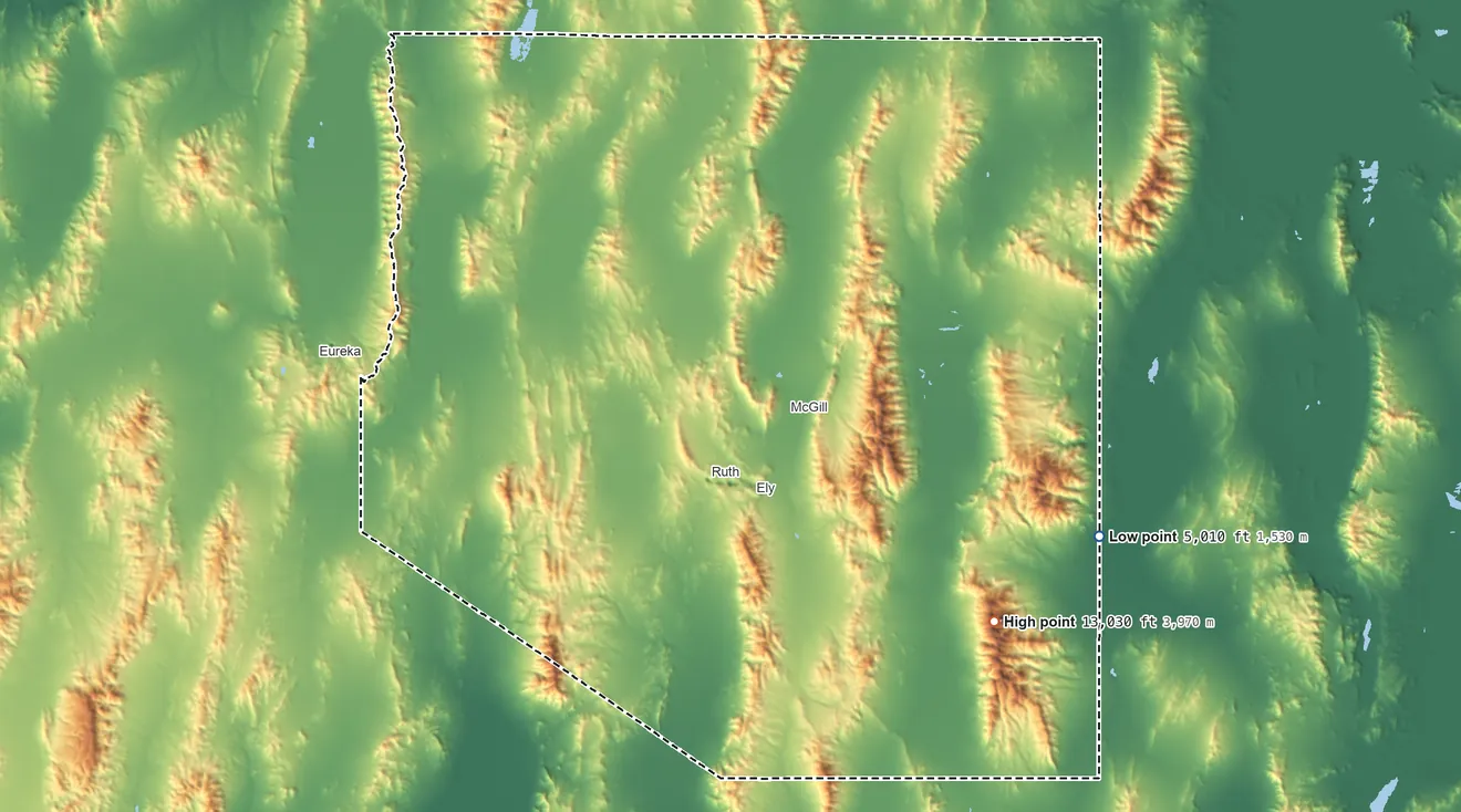 Topographic elevation map of White Pine County, Nevada, shaded from 5,010 ft on the east side to 13,030 ft on Wheeler Peak