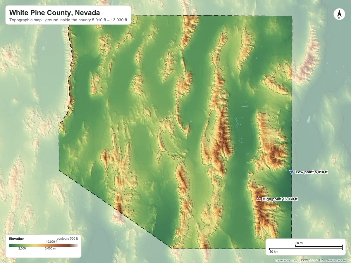 Topographic elevation map of White Pine County, Nevada, shaded from 5,010 ft on the east side to 13,030 ft on Wheeler Peak