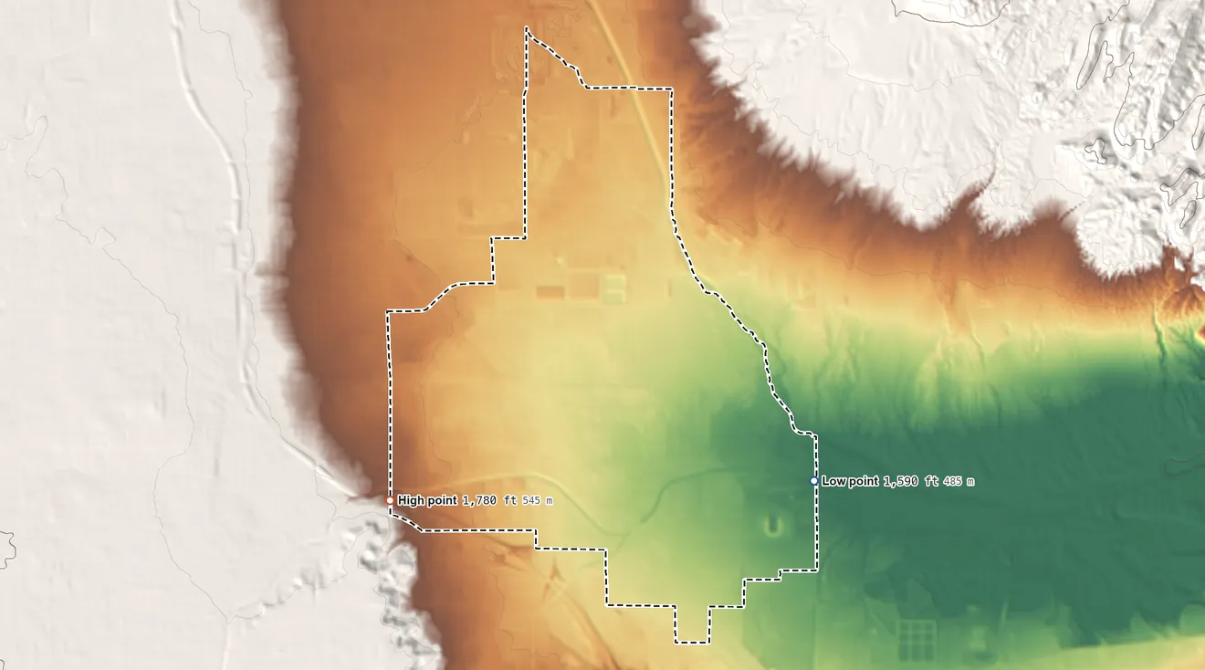 Topographic elevation map of Whitney, Nevada, shaded from 1,590 ft on the east side to 1,780 ft on the southwest side
