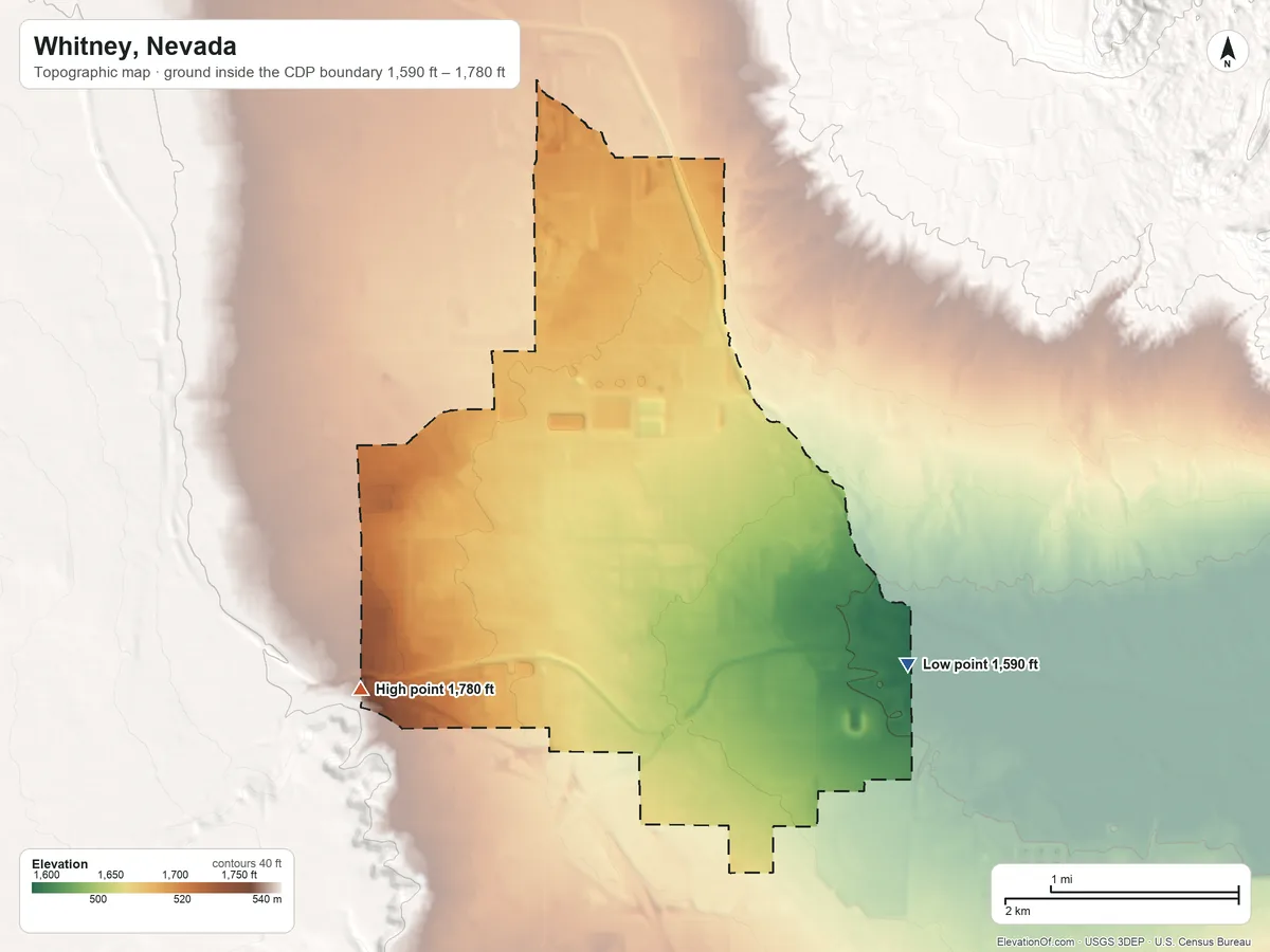 Topographic elevation map of Whitney, Nevada, shaded from 1,590 ft on the east side to 1,780 ft on the southwest side