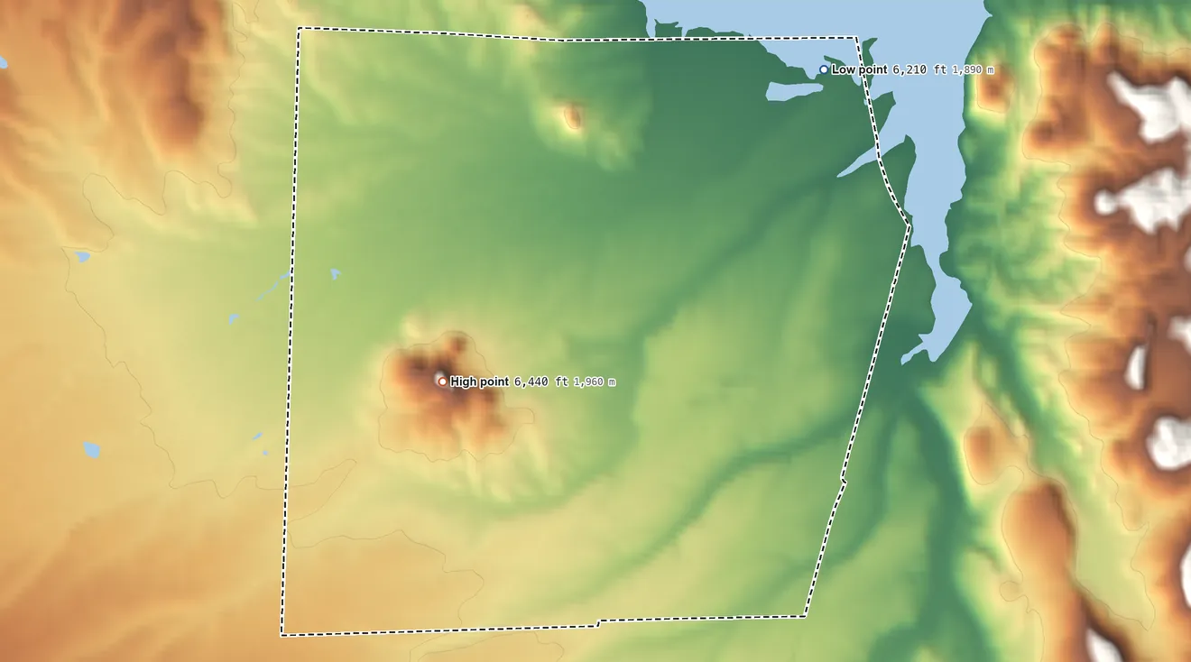 Topographic elevation map of Wildhorse, Nevada, shaded from 6,210 ft on the north side to 6,440 ft on the west side
