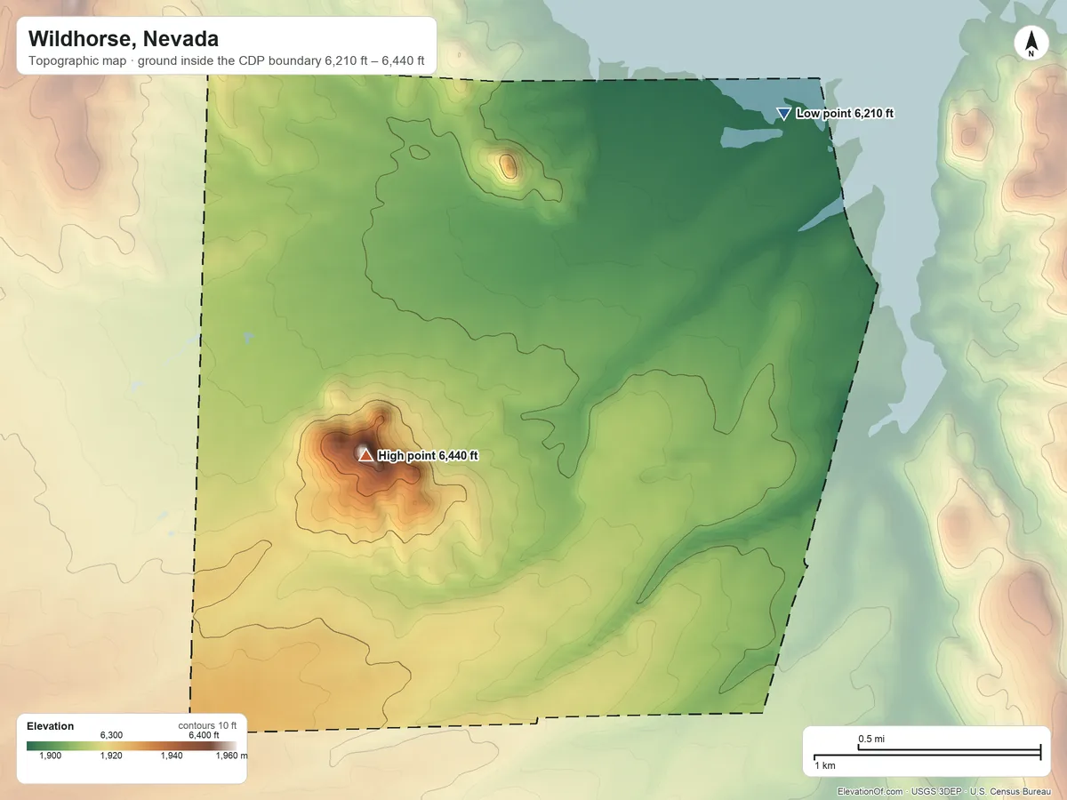Topographic elevation map of Wildhorse, Nevada, shaded from 6,210 ft on the north side to 6,440 ft on the west side