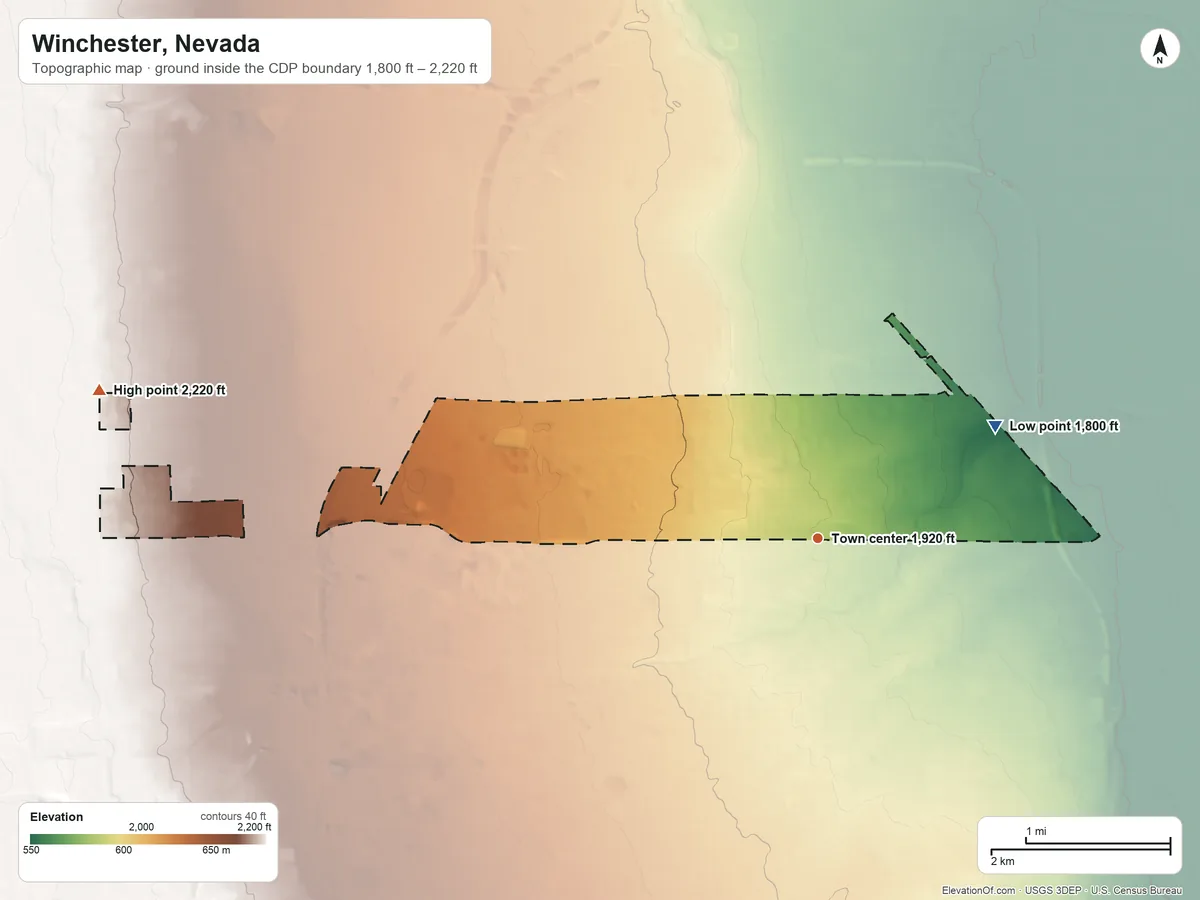 Topographic elevation map of Winchester, Nevada, shaded from 1,800 ft on the northeast side to 2,220 ft on the west side