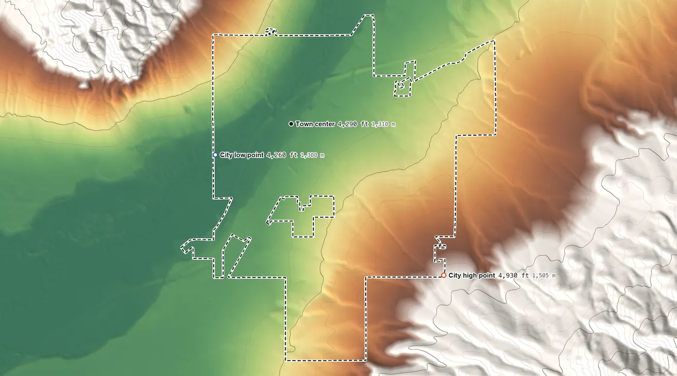 Topographic elevation map of Winnemucca, Nevada, shaded from 4,260 ft on the west side to 4,930 ft at the foot of the Krum Hills