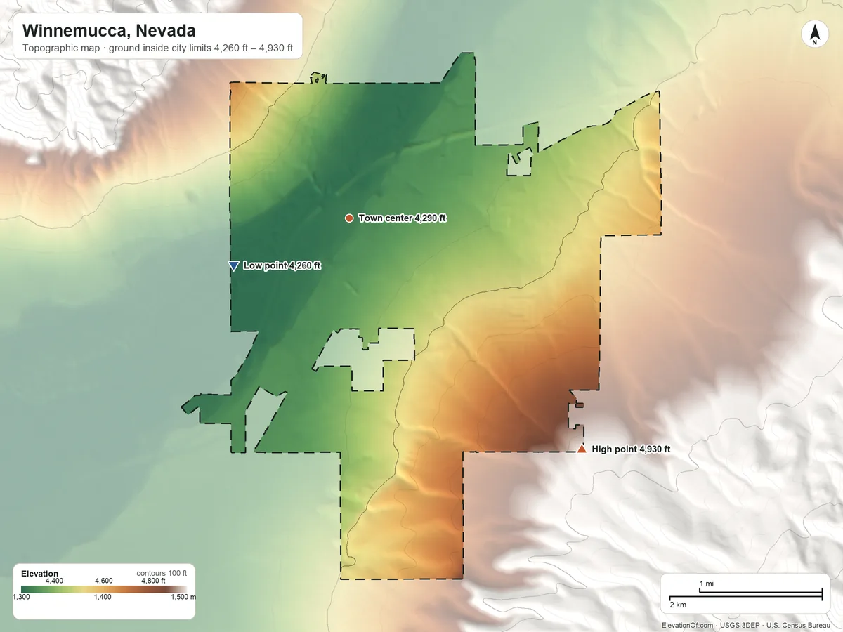 Topographic elevation map of Winnemucca, Nevada, shaded from 4,260 ft on the west side to 4,930 ft at the foot of the Krum Hills