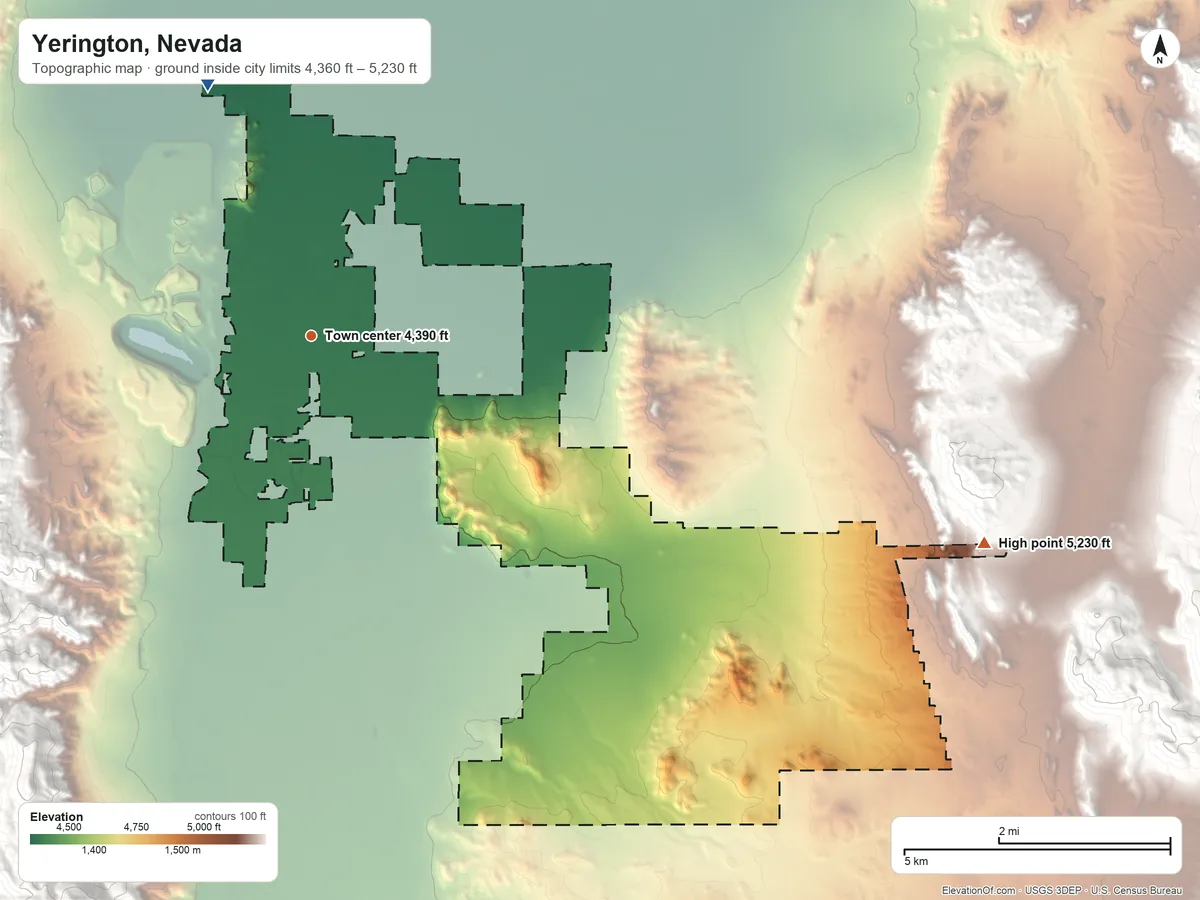 Topographic elevation map of Yerington, Nevada, shaded from 4,360 ft on the north side to 5,230 ft at the foot of the Gray Hills