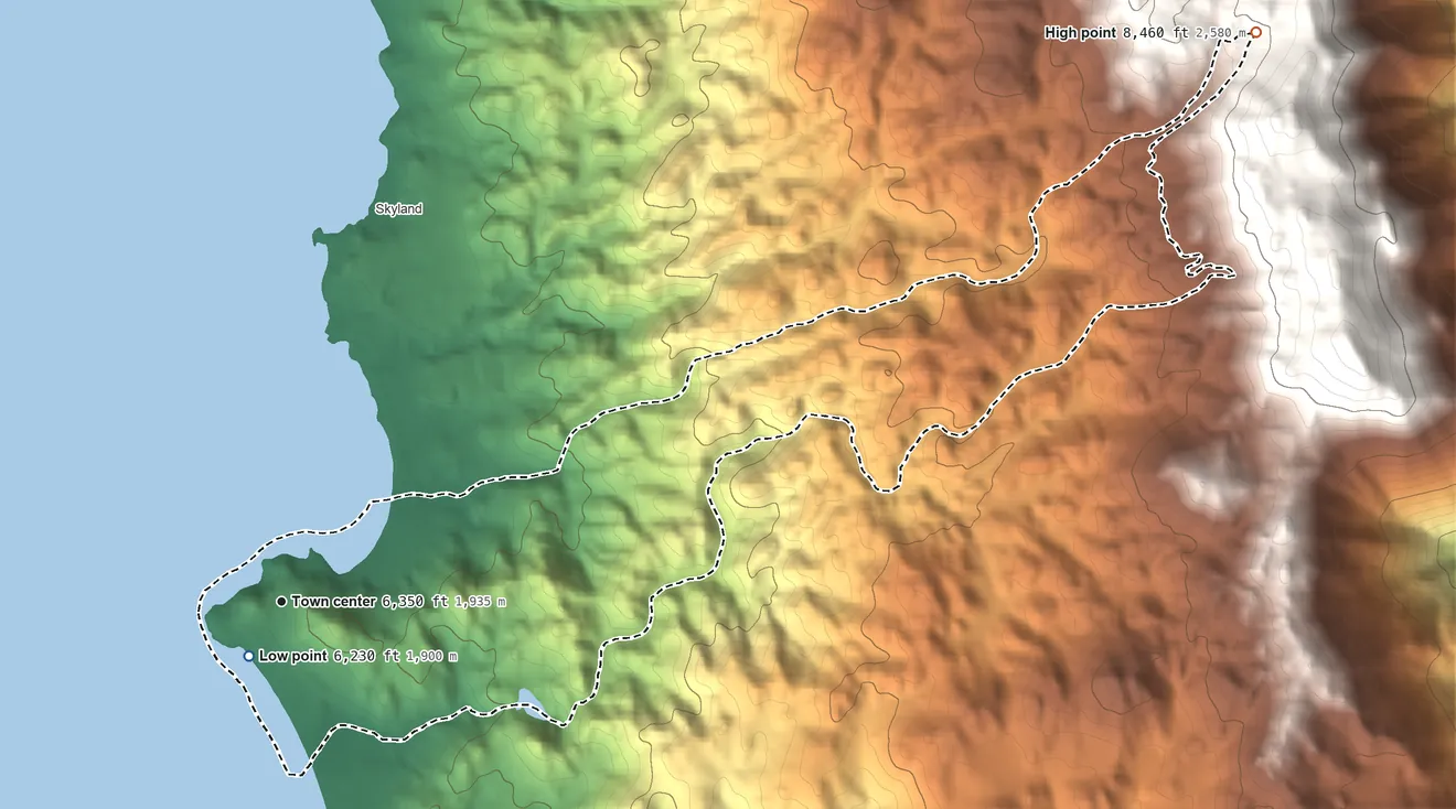 Topographic elevation map of Zephyr Cove, Nevada, shaded from 6,230 ft near the middle to 8,460 ft at the foot of the Indian Hills