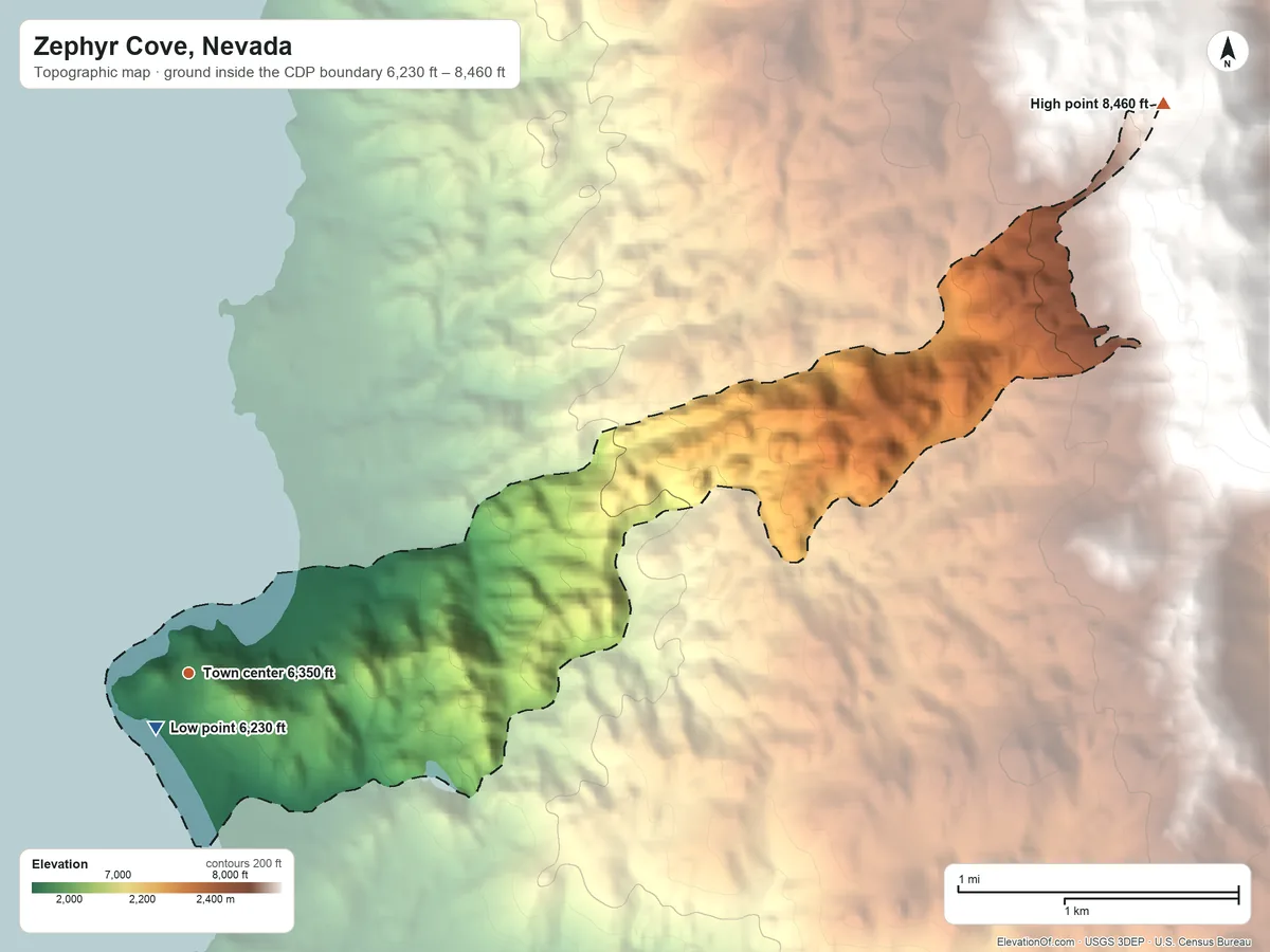Topographic elevation map of Zephyr Cove, Nevada, shaded from 6,230 ft near the middle to 8,460 ft at the foot of the Indian Hills