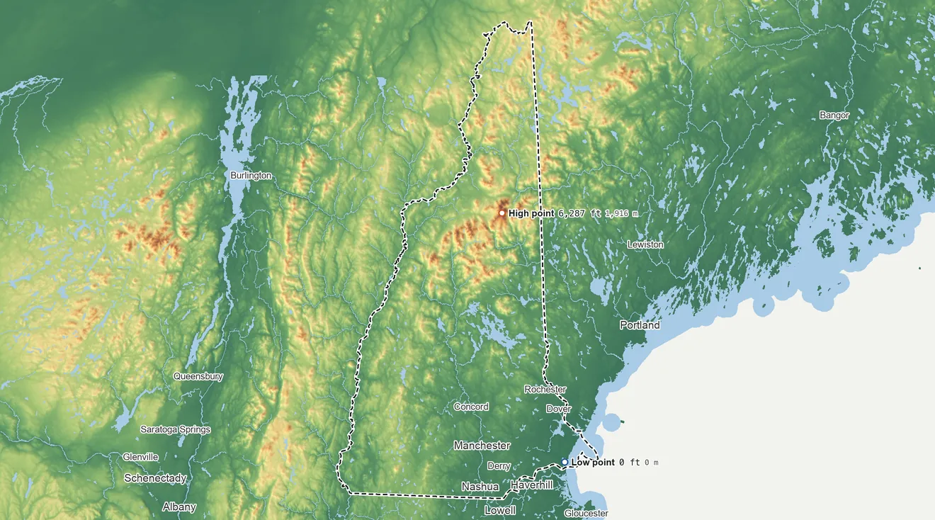 Topographic elevation map of New Hampshire, shaded from sea level on the Atlantic Ocean to 6,287 ft on Mount Washington