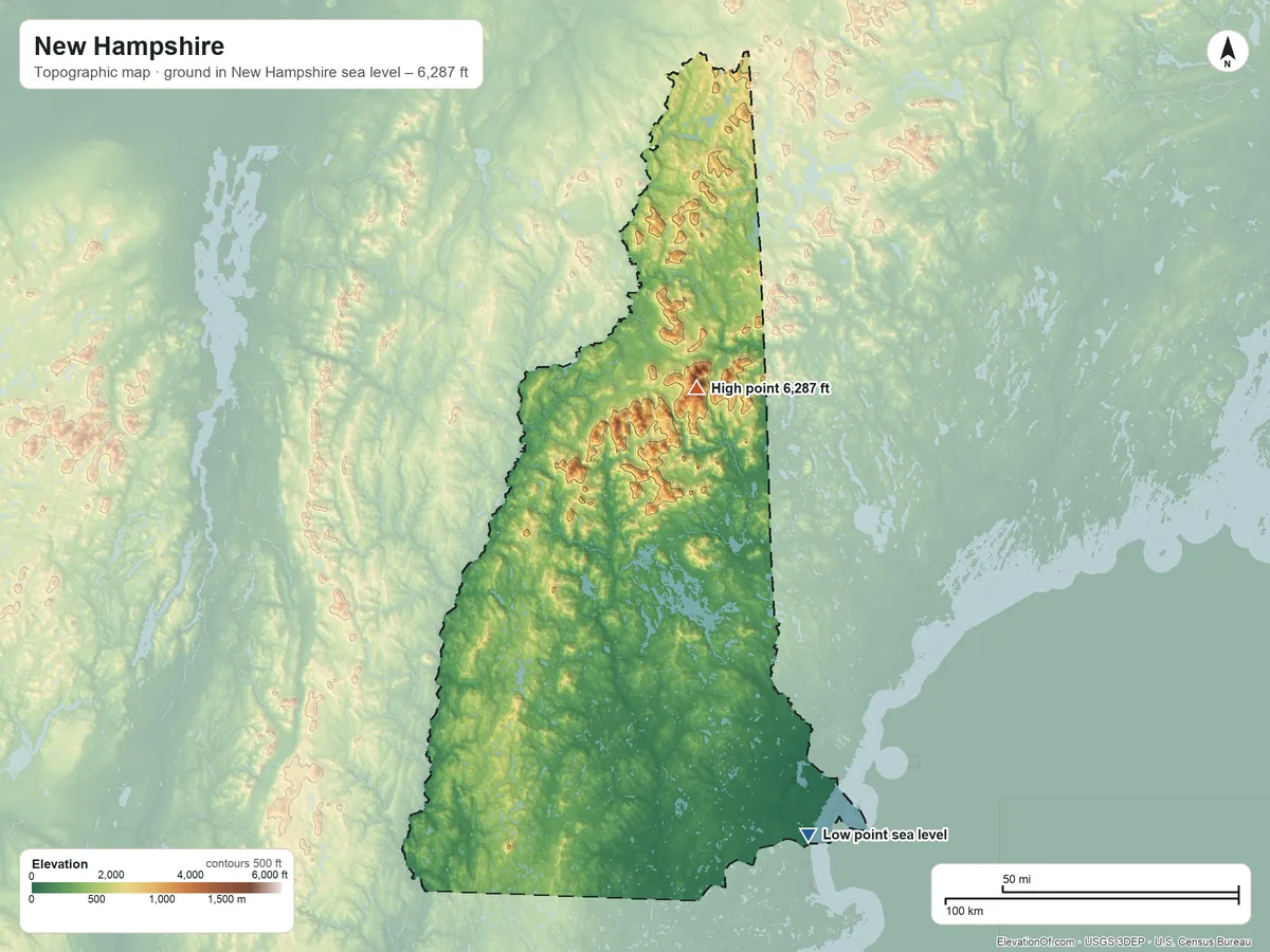 Topographic elevation map of New Hampshire, shaded from sea level on the Atlantic Ocean to 6,287 ft on Mount Washington
