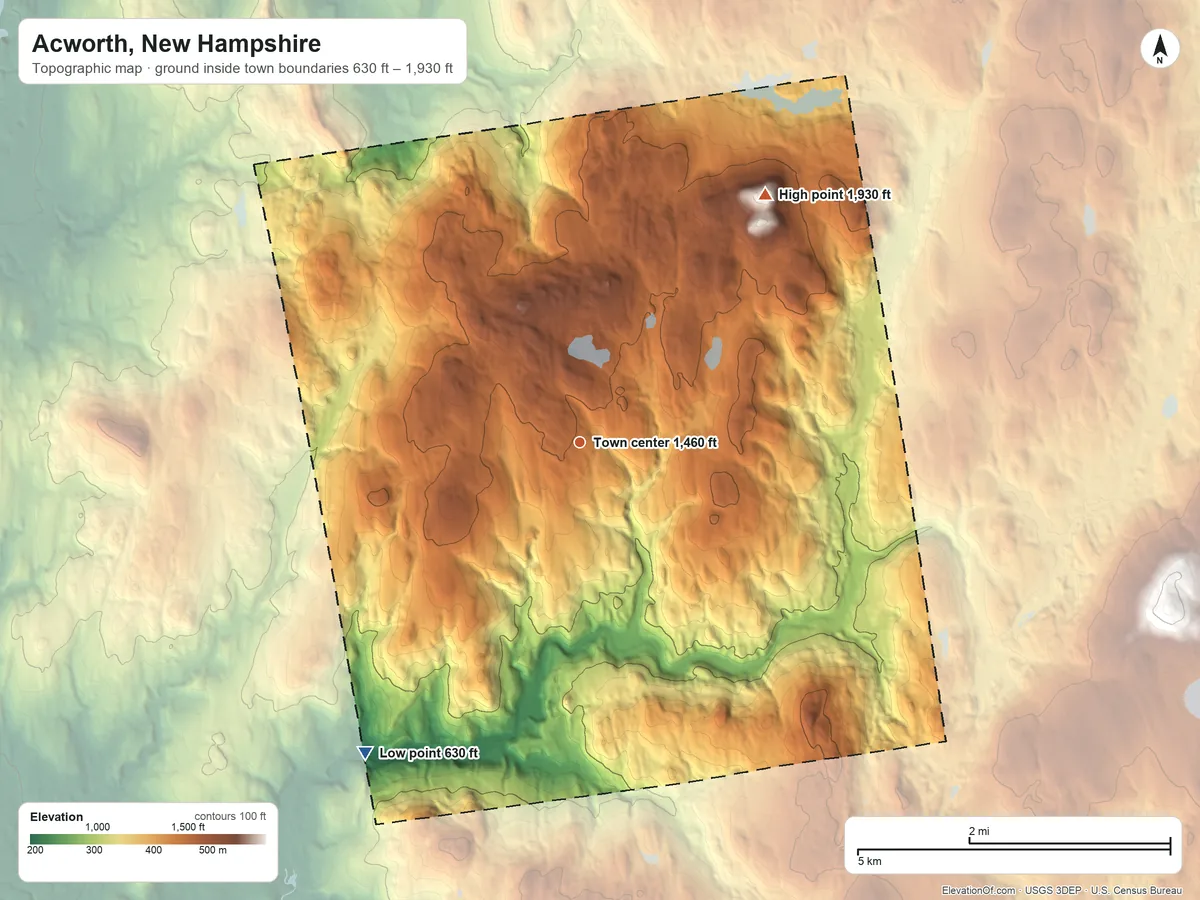 Topographic elevation map of Acworth, New Hampshire, shaded from 630 ft on the southwest side to 1,930 ft on Gove Hill