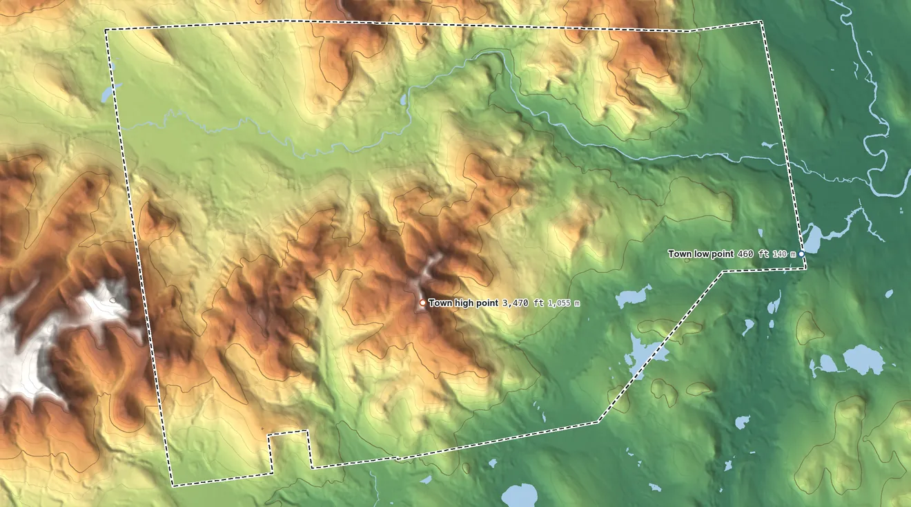Topographic elevation map of Albany, New Hampshire, shaded from 460 ft on the east side to 3,470 ft on Mount Chocorua
