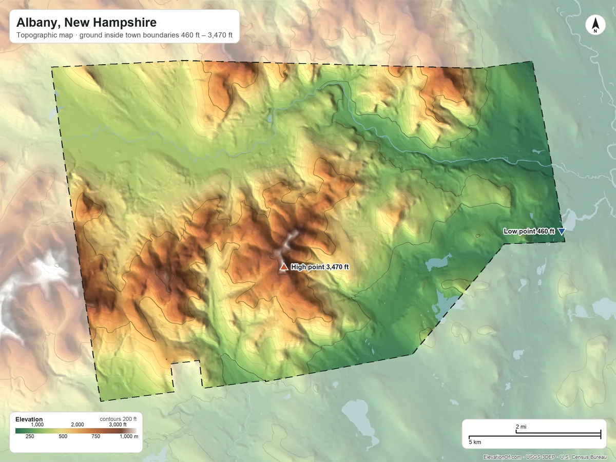 Topographic elevation map of Albany, New Hampshire, shaded from 460 ft on the east side to 3,470 ft on Mount Chocorua