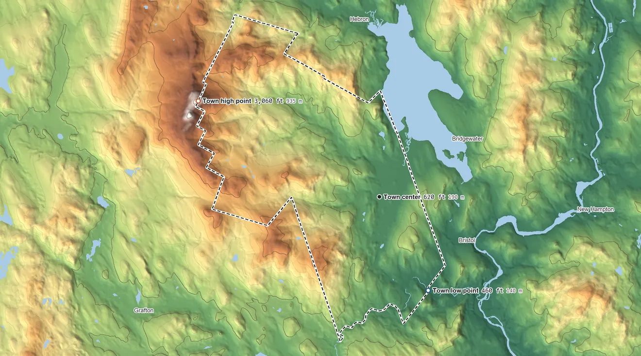 Topographic elevation map of Alexandria, New Hampshire, shaded from 460 ft on the southeast side to 3,060 ft on Mount Cardigan