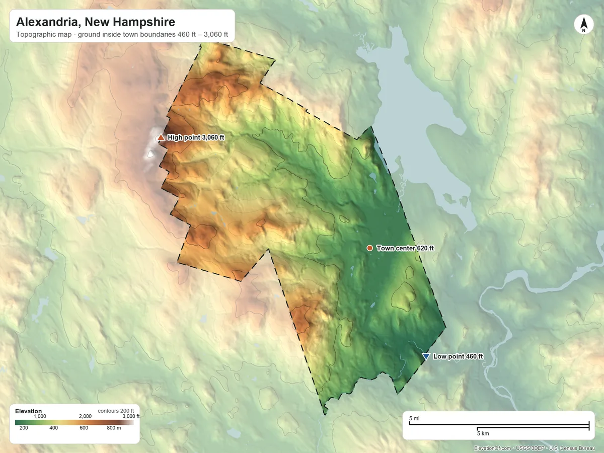 Topographic elevation map of Alexandria, New Hampshire, shaded from 460 ft on the southeast side to 3,060 ft on Mount Cardigan
