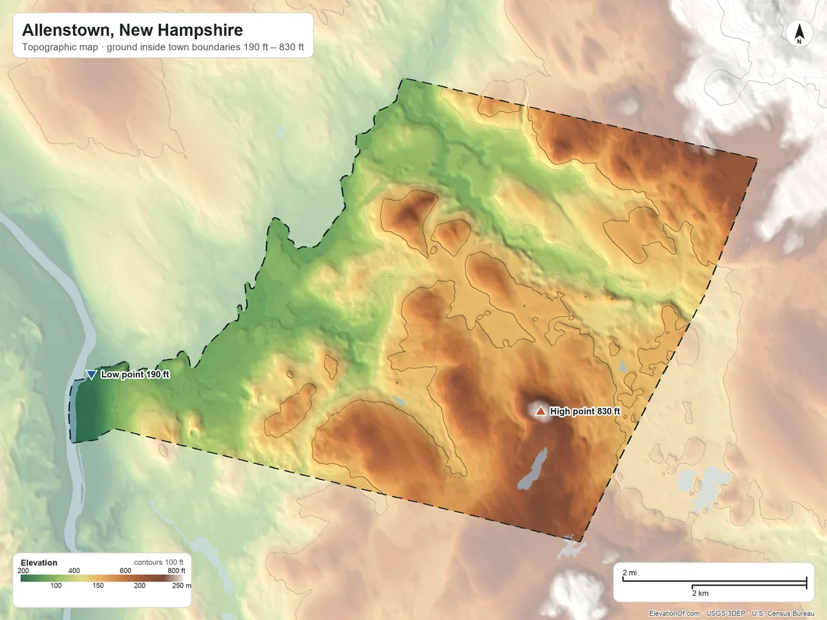 Topographic elevation map of Allenstown, New Hampshire, shaded from 190 ft on the west side to 830 ft on Bear Hill