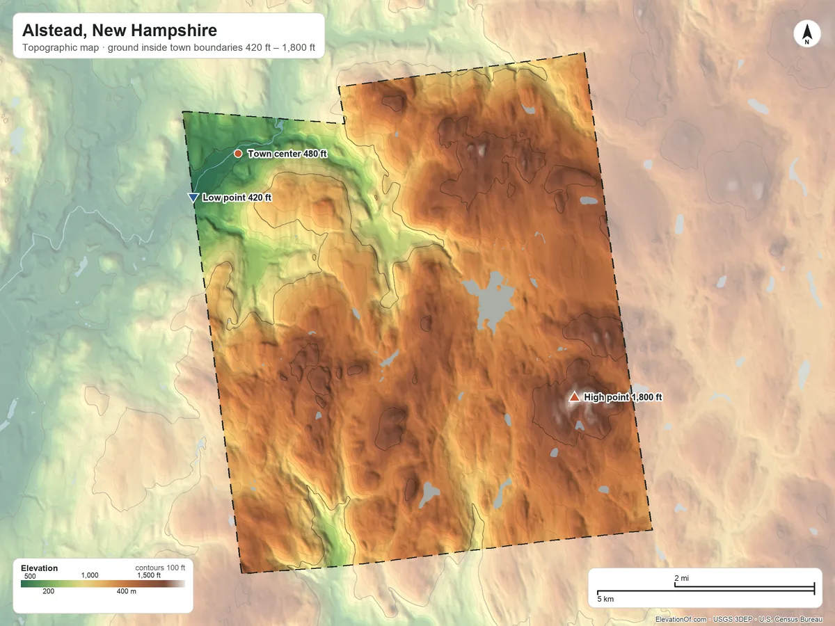 Topographic elevation map of Alstead, New Hampshire, shaded from 420 ft near the middle to 1,800 ft on Smith Hill