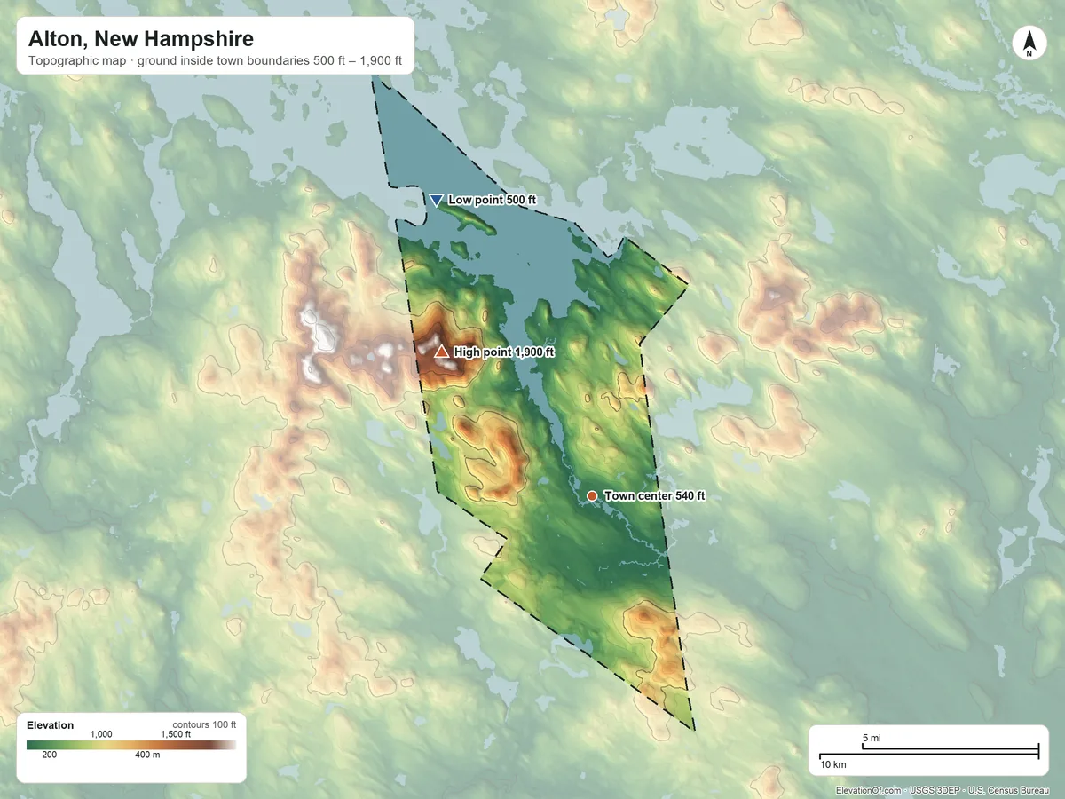 Topographic elevation map of Alton, New Hampshire, shaded from 500 ft on the northwest side to 1,900 ft on the northwest side