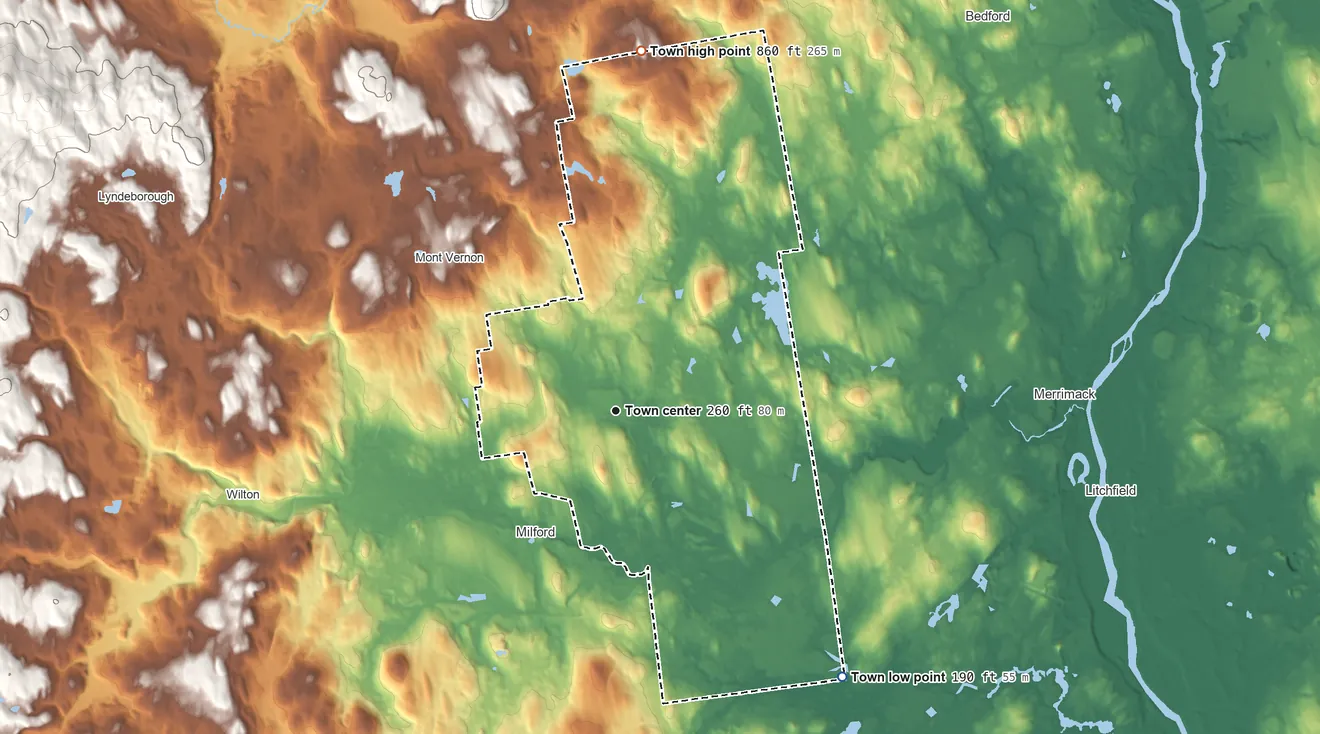 Topographic elevation map of Amherst, New Hampshire, shaded from 190 ft on the southeast side to 860 ft on the north edge, below higher ground just outside