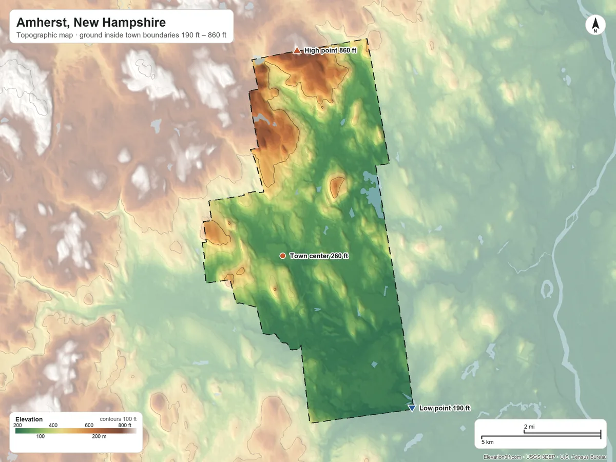 Topographic elevation map of Amherst, New Hampshire, shaded from 190 ft on the southeast side to 860 ft on the north edge, below higher ground just outside
