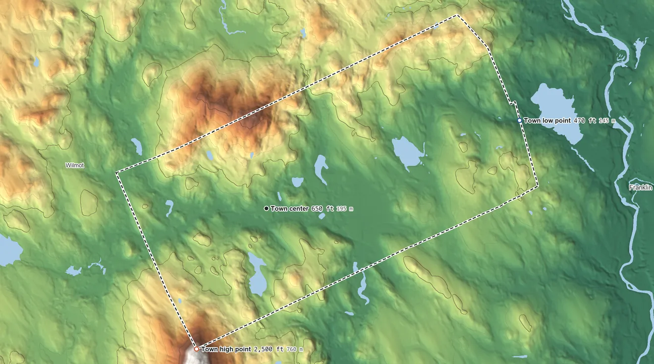 Topographic elevation map of Andover, New Hampshire, shaded from 470 ft on the east side to 2,500 ft on the southwest edge, below higher ground just outside