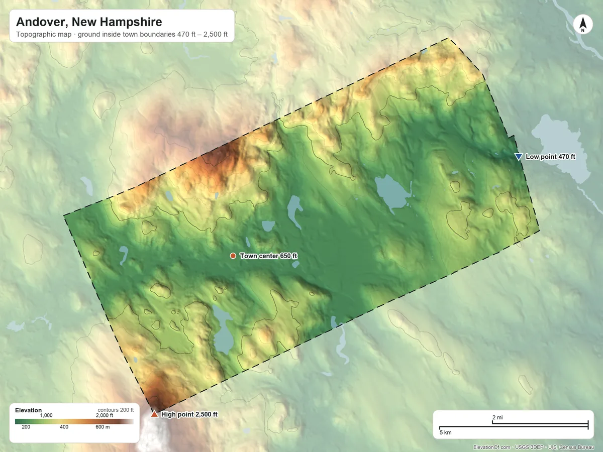 Topographic elevation map of Andover, New Hampshire, shaded from 470 ft on the east side to 2,500 ft on the southwest edge, below higher ground just outside