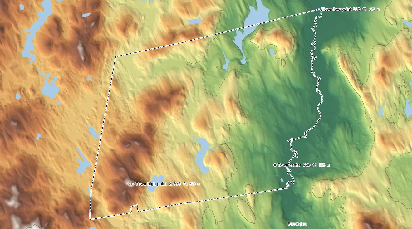 Topographic elevation map of Antrim, New Hampshire, shaded from 580 ft on the north side to 2,030 ft on Bald Mountain