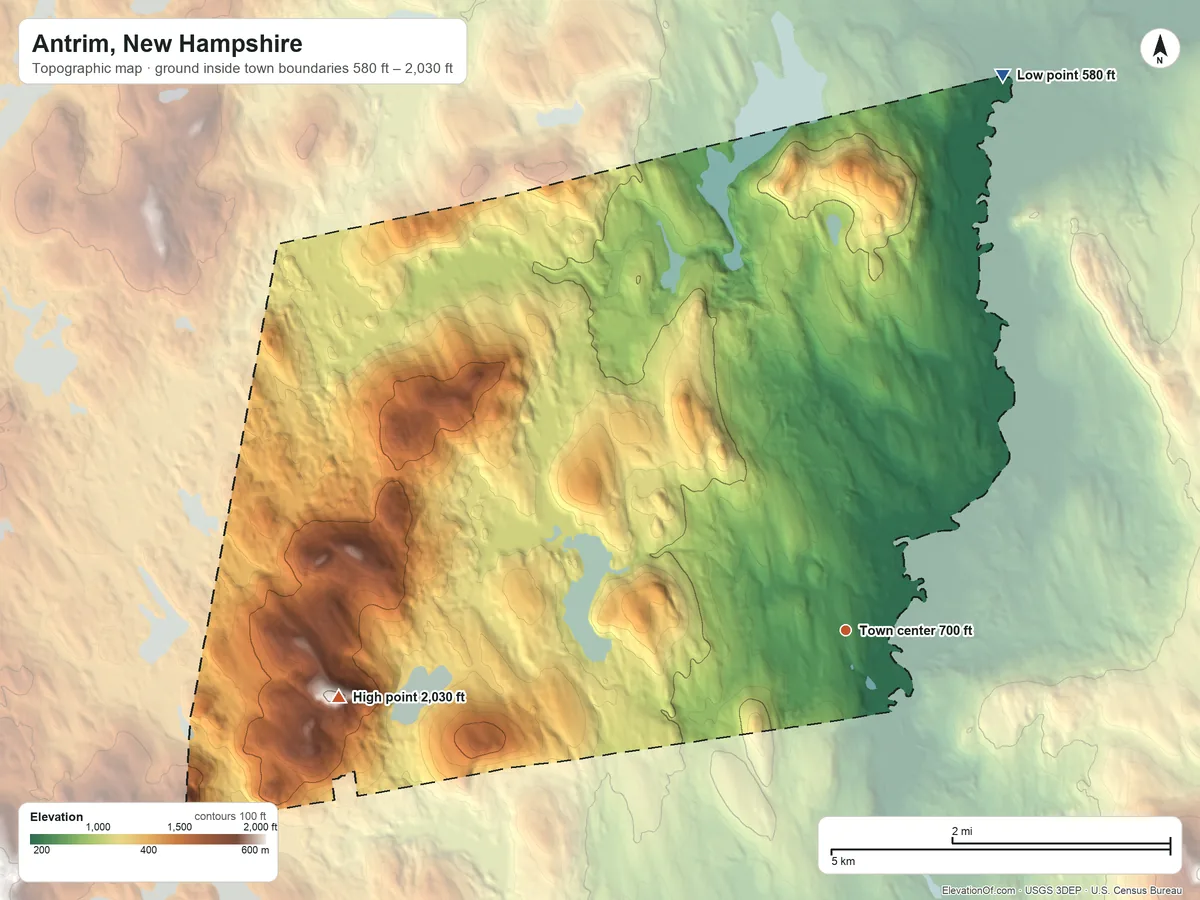 Topographic elevation map of Antrim, New Hampshire, shaded from 580 ft on the north side to 2,030 ft on Bald Mountain