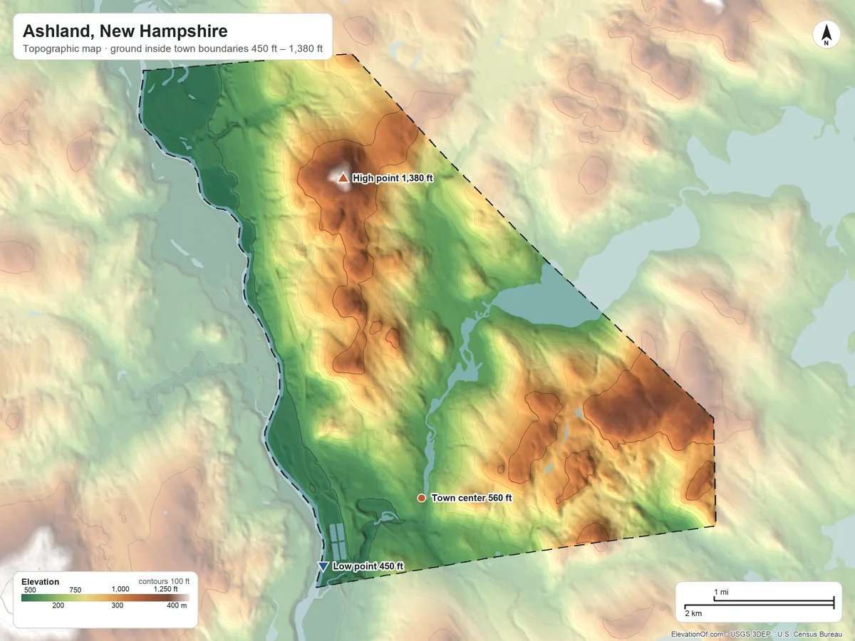 Topographic elevation map of Ashland, New Hampshire, shaded from 450 ft on the southwest side to 1,380 ft on Hicks Hill