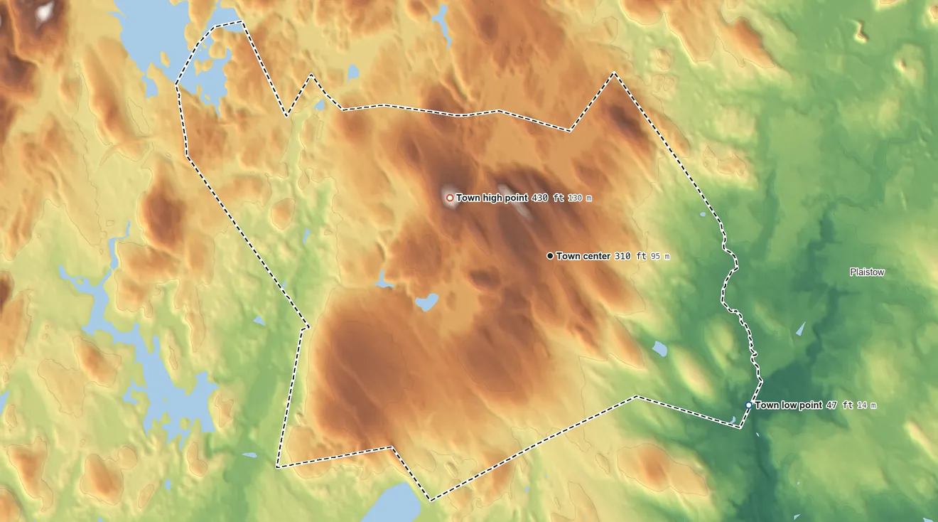 Topographic elevation map of Atkinson, New Hampshire, shaded from 47 ft on the southeast side to 430 ft on Hog Hill