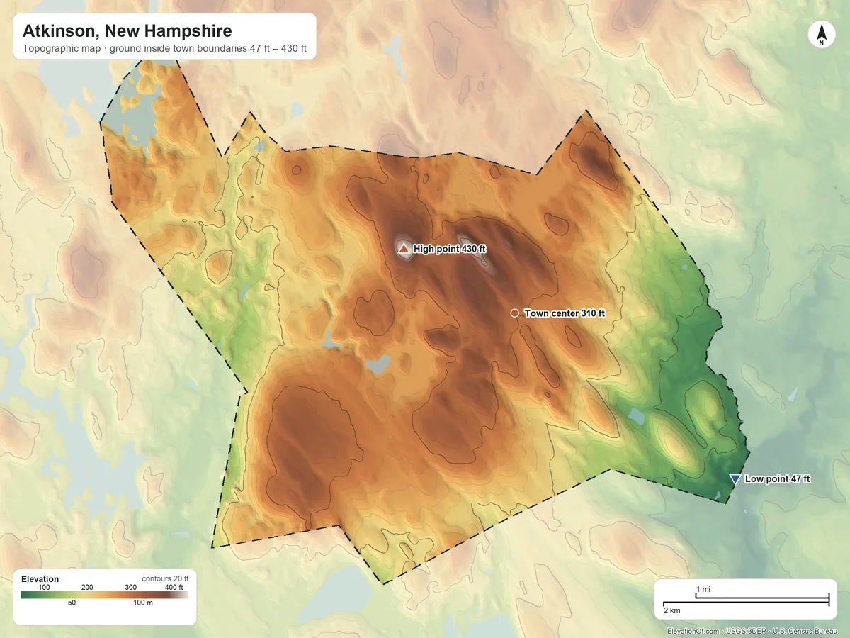 Topographic elevation map of Atkinson, New Hampshire, shaded from 47 ft on the southeast side to 430 ft on Hog Hill