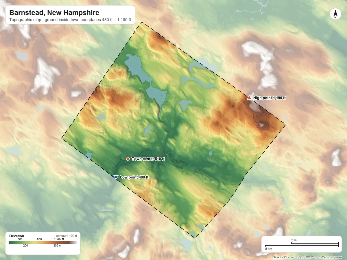 Topographic elevation map of Barnstead, New Hampshire, shaded from 480 ft near the middle to 1,190 ft on the northeast side
