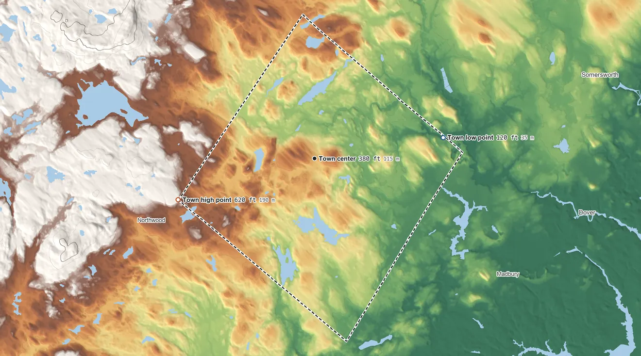 Topographic elevation map of Barrington, New Hampshire, shaded from 120 ft on the east side to 620 ft on the west side