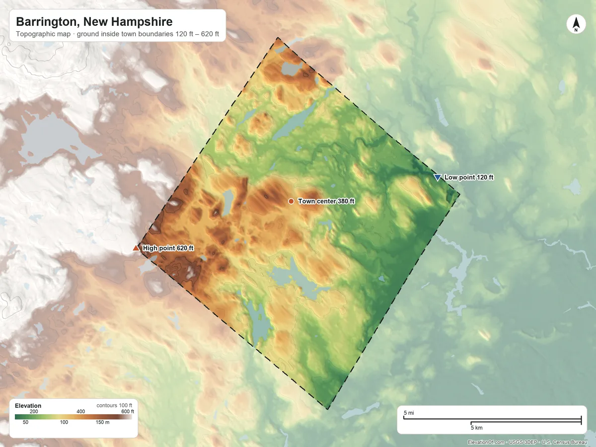 Topographic elevation map of Barrington, New Hampshire, shaded from 120 ft on the east side to 620 ft on the west side