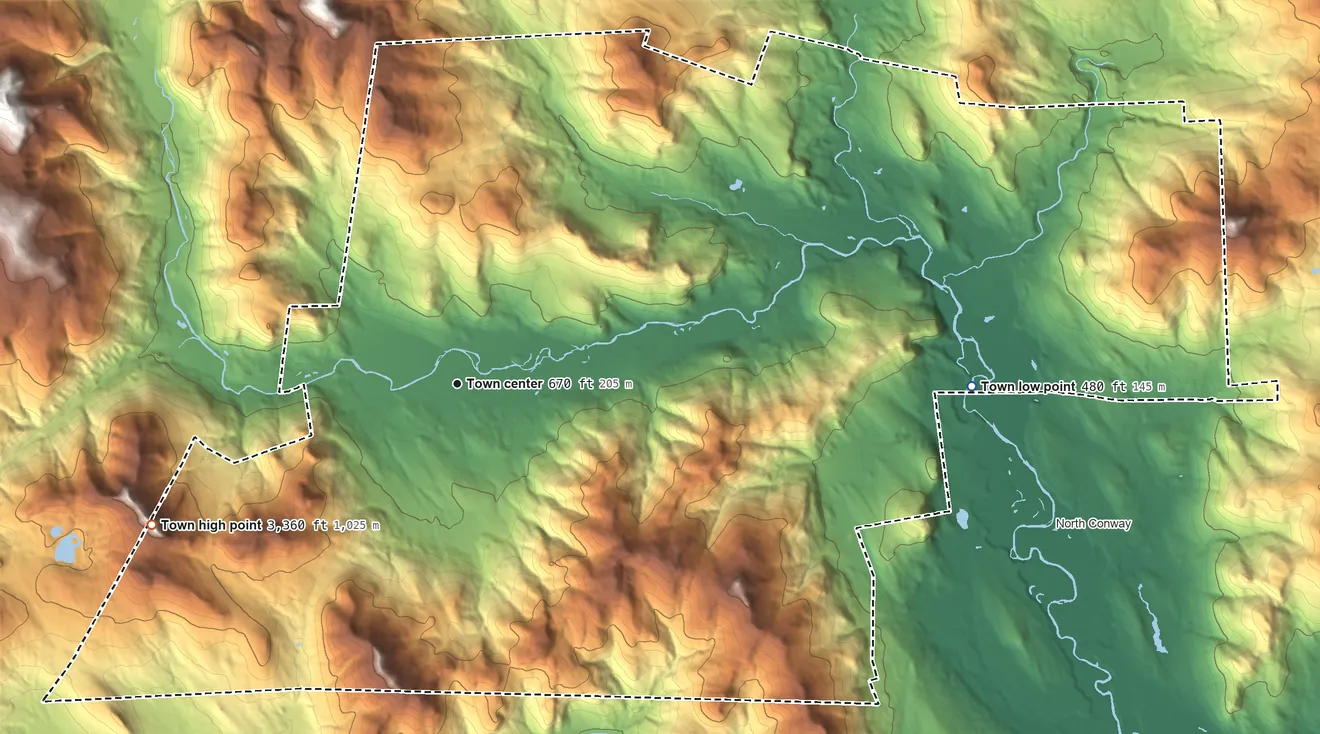 Topographic elevation map of Bartlett, New Hampshire, shaded from 480 ft on the east side to 3,360 ft on Mount Tremont