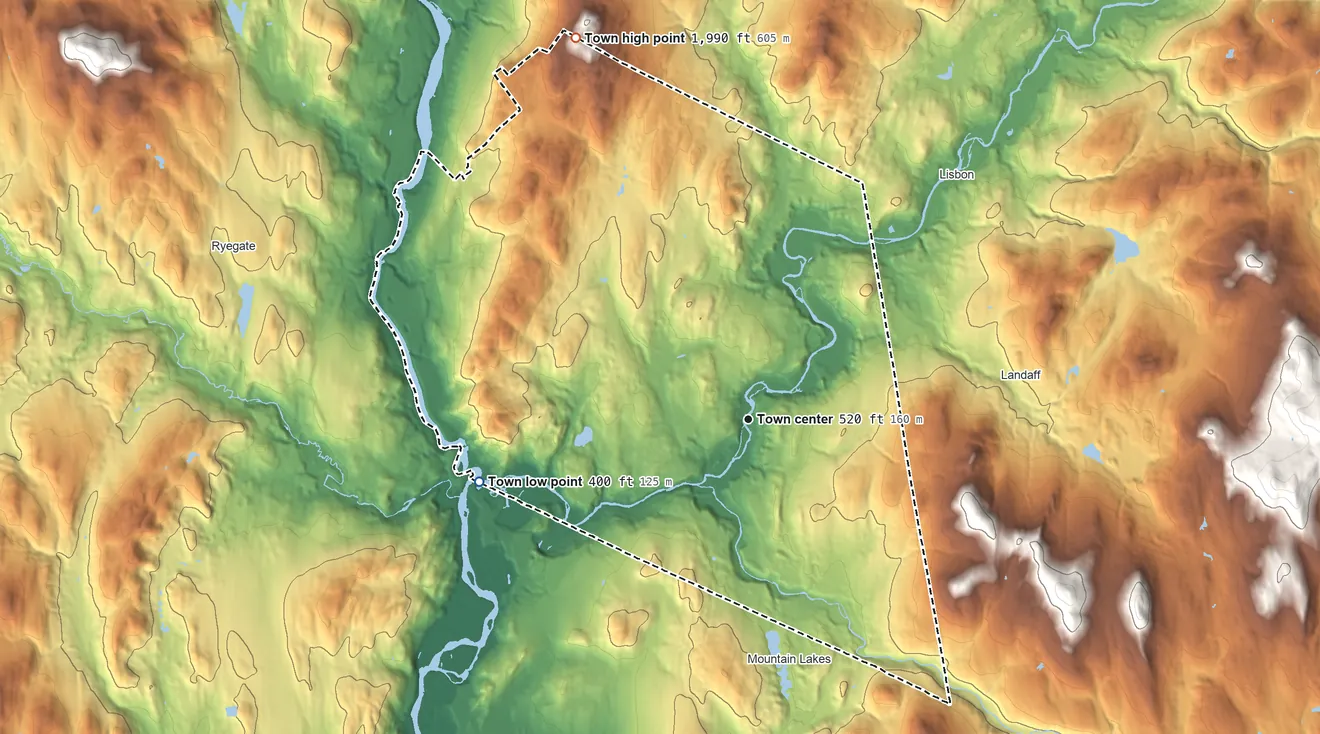 Topographic elevation map of Bath, New Hampshire, shaded from 400 ft on the west side to 1,990 ft on the northwest side