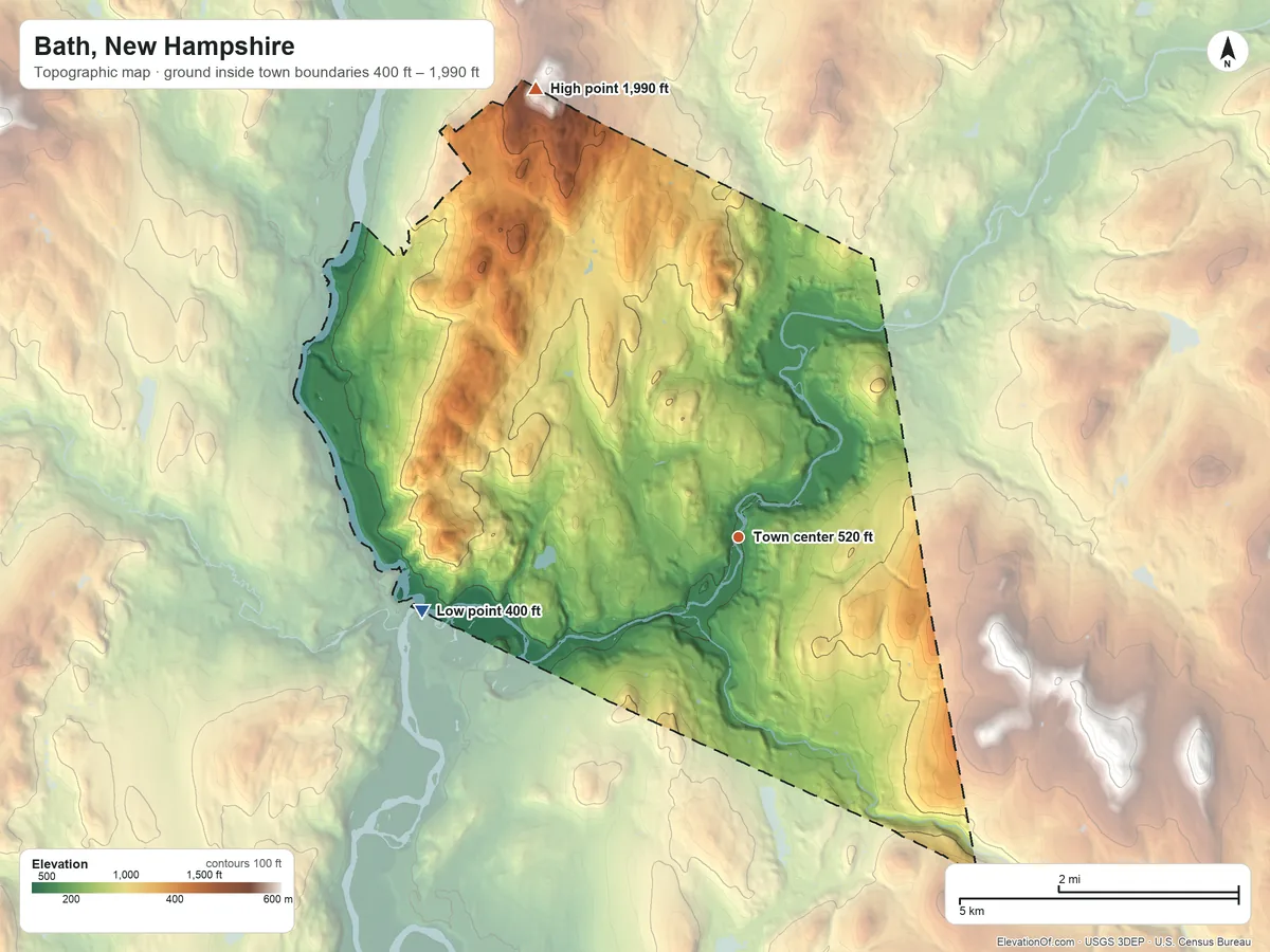 Topographic elevation map of Bath, New Hampshire, shaded from 400 ft on the west side to 1,990 ft on the northwest side