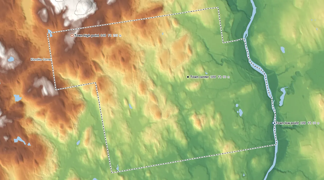 Topographic elevation map of Bedford, New Hampshire, shaded from 100 ft on the southeast side to 840 ft on Holbrook Hill