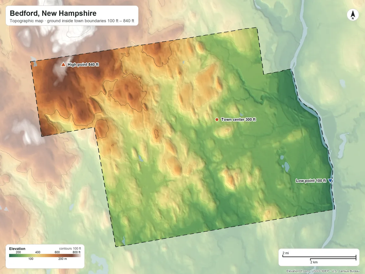 Topographic elevation map of Bedford, New Hampshire, shaded from 100 ft on the southeast side to 840 ft on Holbrook Hill