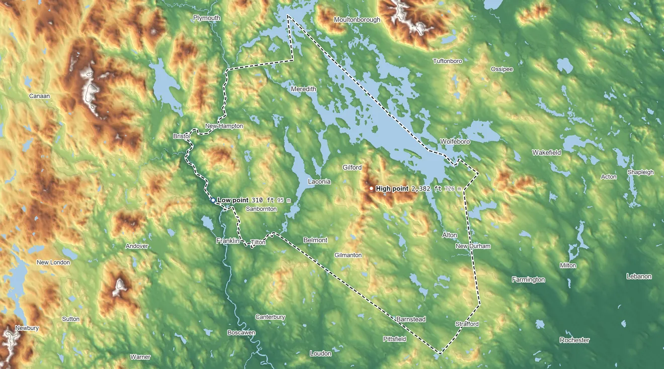 Topographic elevation map of Belknap County, New Hampshire, shaded from 310 ft on the west side to 2,382 ft on Belknap Mountain