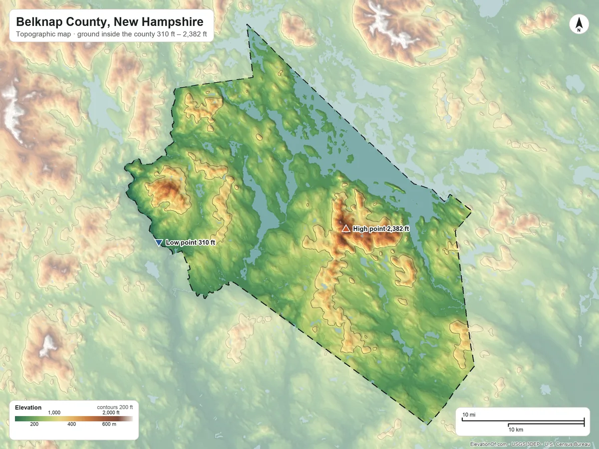 Topographic elevation map of Belknap County, New Hampshire, shaded from 310 ft on the west side to 2,382 ft on Belknap Mountain