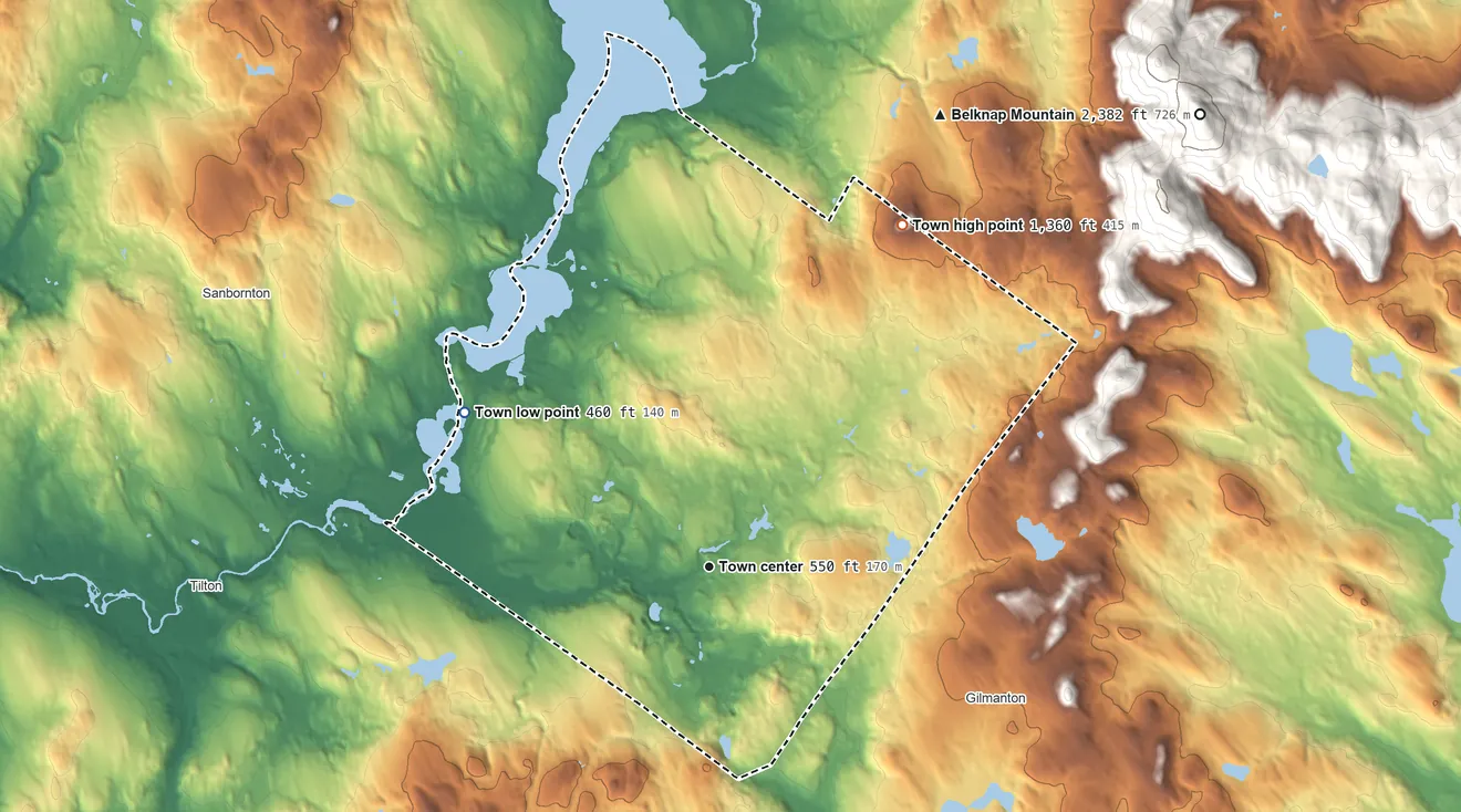 Topographic elevation map of Belmont, New Hampshire, shaded from 460 ft on the northwest side to 1,360 ft on the northeast side